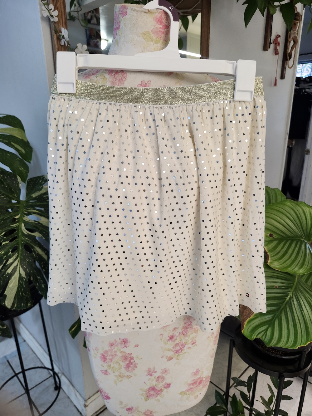 Tommy Hilfiger Cream Skirt with Silver Sequin Dots and Gold Waistband